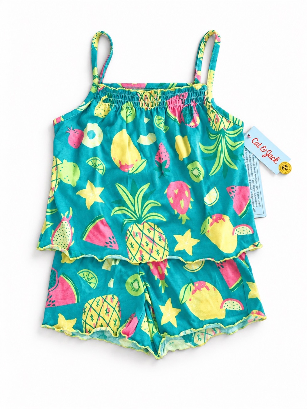 Cat & Jack Teal Tropical Fruit Tank Romper with Yellow & Pink Accents